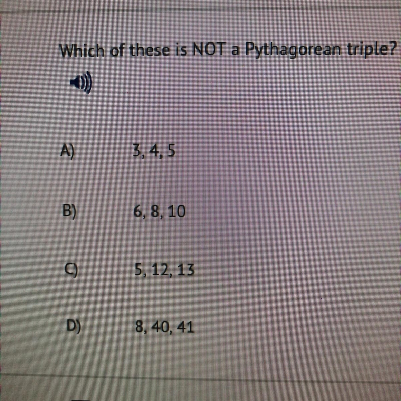 Which of these is NOT a Pythagorean triple?-example-1