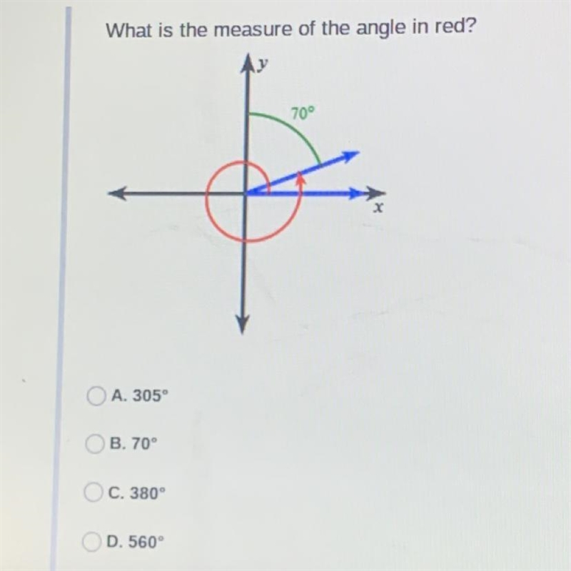 What is the measure of the angle in red? 70°-example-1