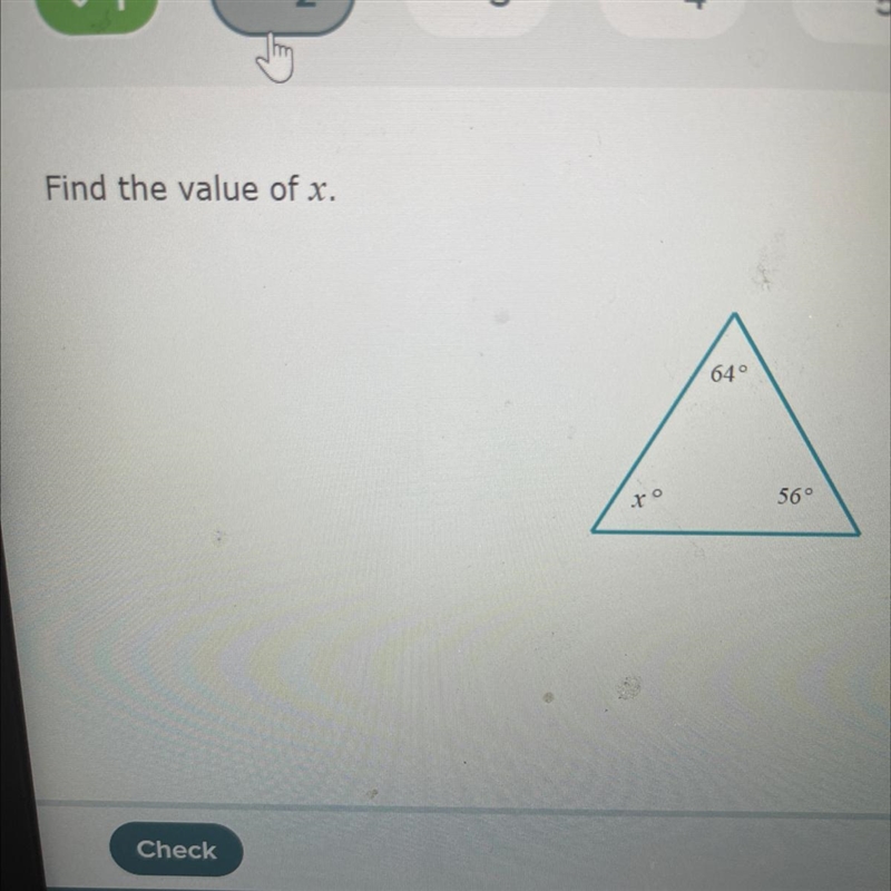 Find the value of x. 64 56°-example-1