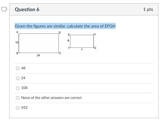 Given the figures are similar, calculate the area of EFGH-example-1