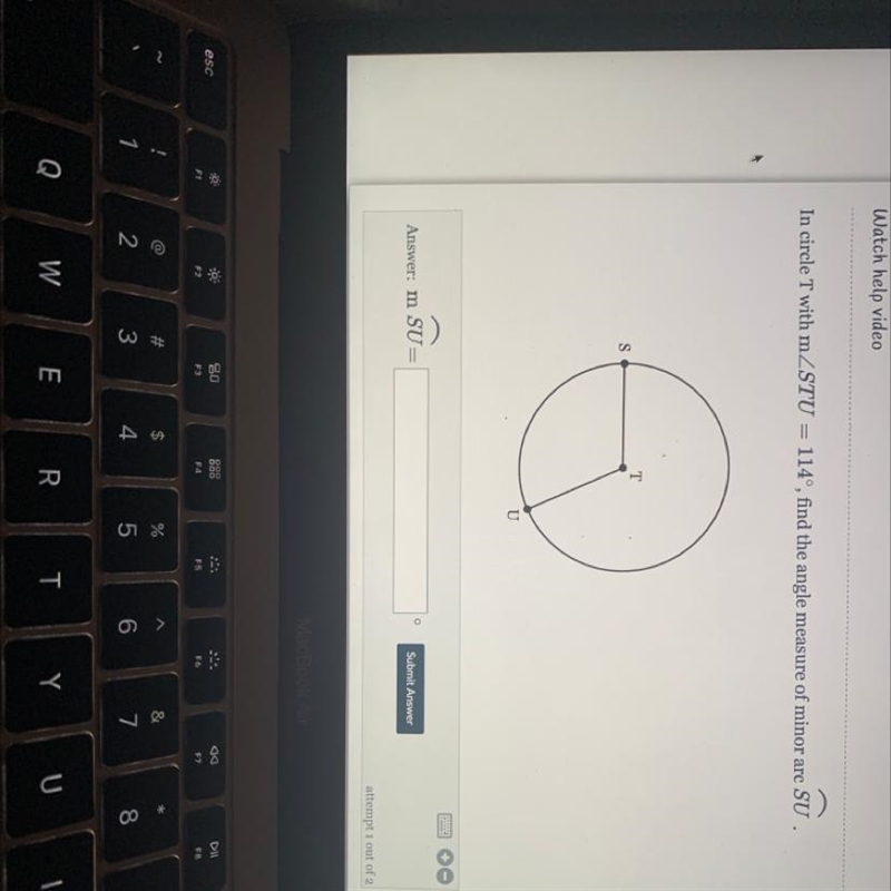 In circle T with mZSTU = 114°, find the angle measure of minor arc SU-example-1