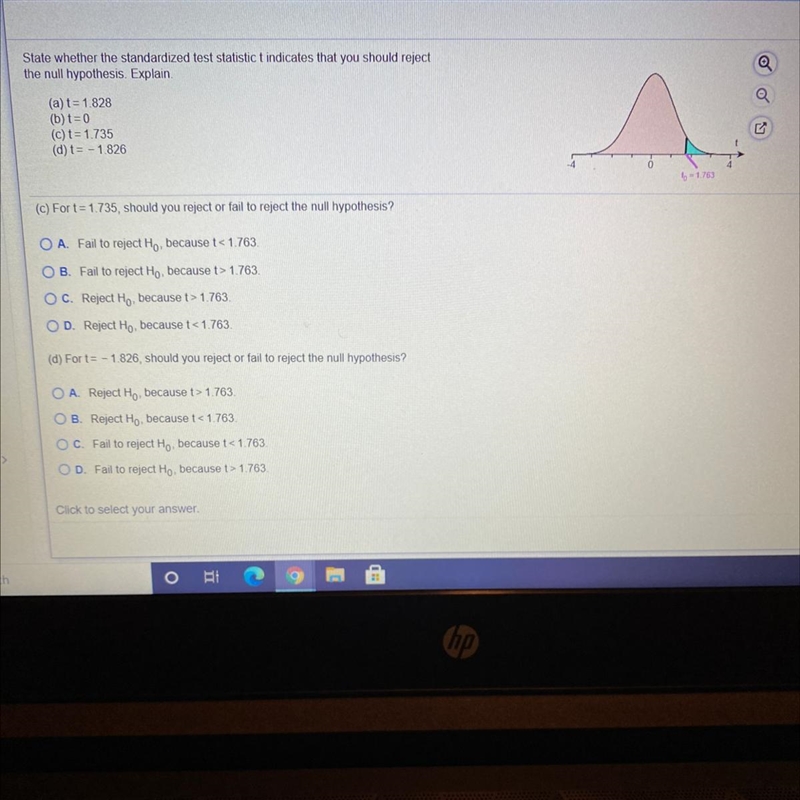 State whether the standardized test statistic t indicates that you should reject the-example-1