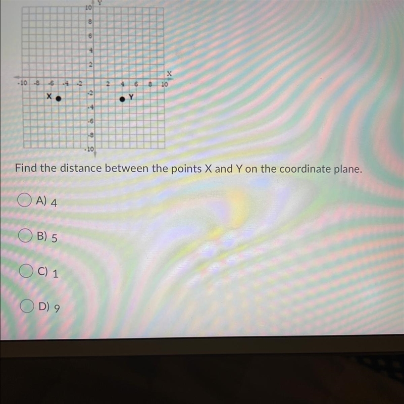 Find the distance between the points X and Y on the coordinate plane. A) 4 B) 5 C-example-1