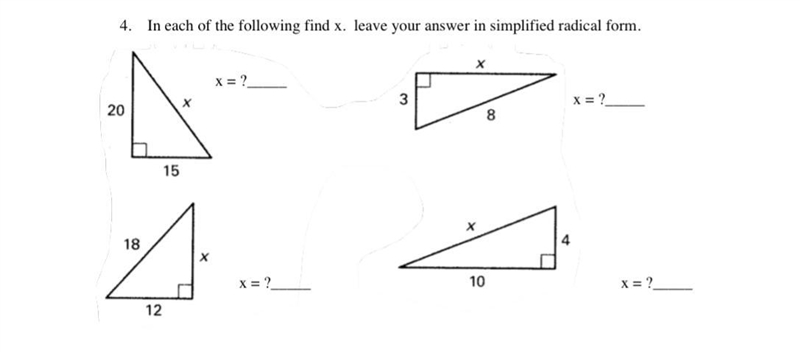 In each following find x. Leave answer in simplified radical form.-example-1