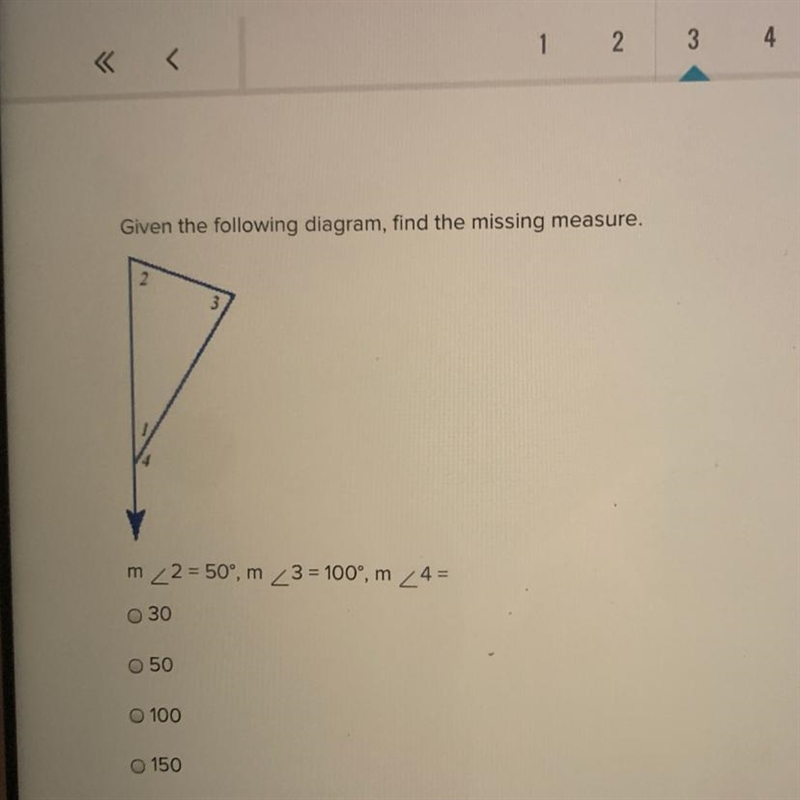 Given the following diagram, find the missing measure. ? m_2 = 50", m 3 = 100°,m-example-1