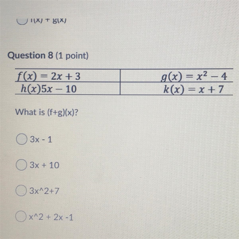 Please help me. My other question I need help on. 2- g(x)=x^2-4 is what is g(-3) 3- F-example-1