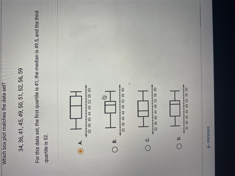 Which box plot matches the date set 34,36,41,45,49,50,51,52,56,59-example-1