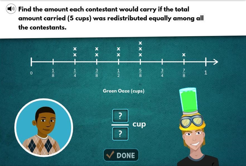 Find the amount each constant would carry if the total amount carried (5 cups) was-example-1