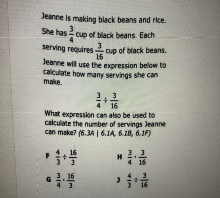 Jeanne is making black beans and rice. She ha 3/4 cup black beans. Each serving requieres-example-1