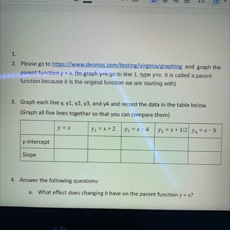 3. Graph each line y, y1, y2, y3, and y4 and record the data in the table below. (Graph-example-1