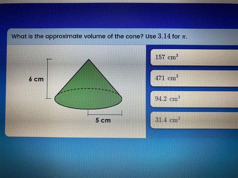 What is the approximate volume of the cone? Use 3.14 for pi-example-1