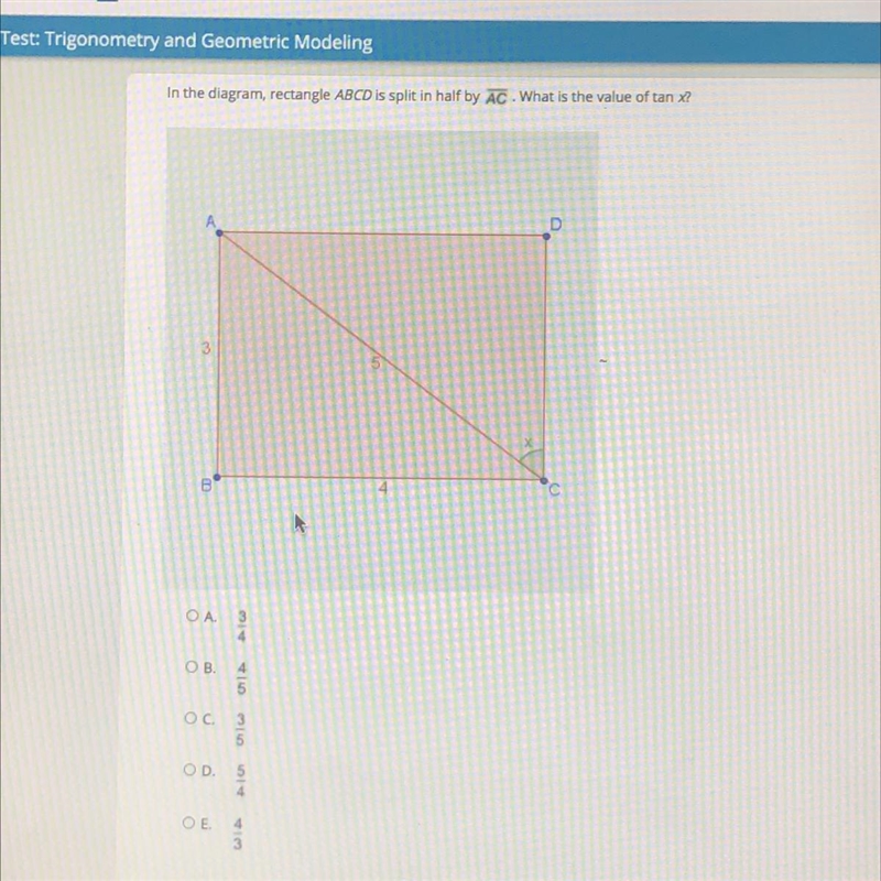 In the diagram, rectangle ABCD is split in half by AC . What is the value of tan x-example-1