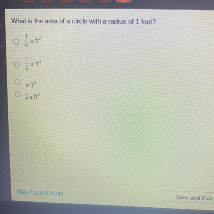 What is the area of a circle with a radius of 1 foot?-example-1