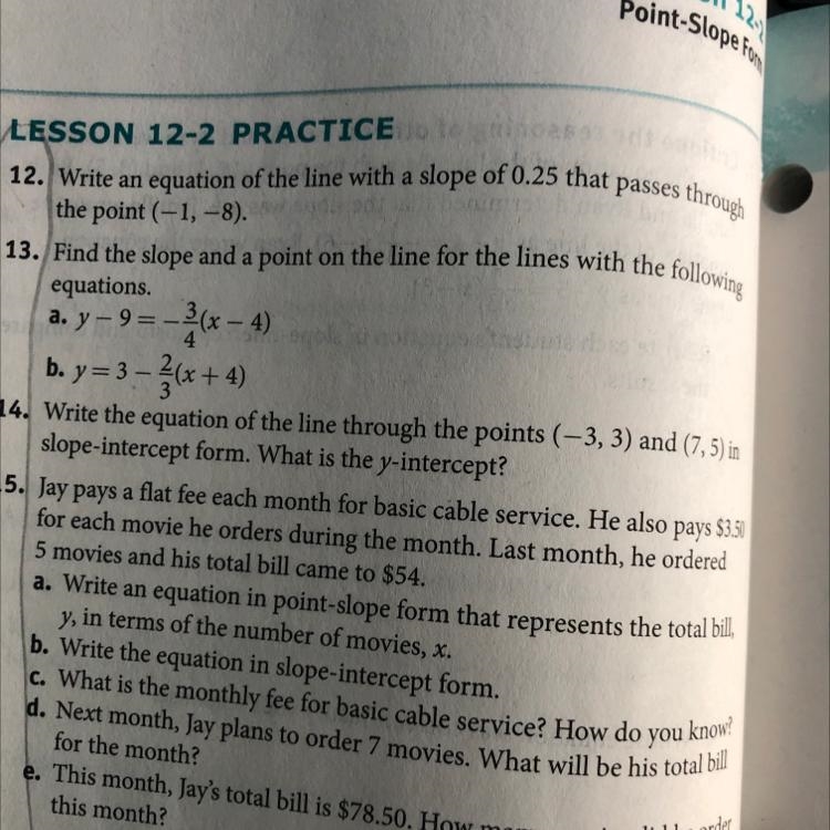 13. Find the slope and a point on the line for the lines with the following equations-example-1