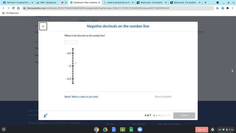 Where is the blue dot on the number line?-example-1