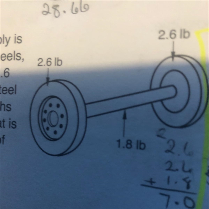 A wheel assembly is made from 2 wheels, each weighing 2.6 pounds, and a steel axle-example-1