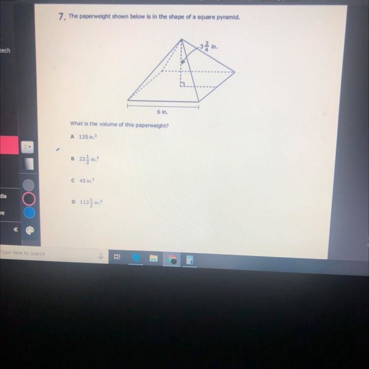 The paperweight shown below is in the shape of a square pyramid. What is the volume-example-1