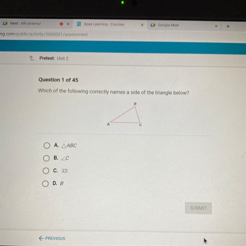 Which of the following correctly names a side of the triangle below? A. B. C. D.-example-1