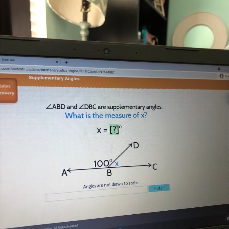 ZABD and ZDBC are supplementary angles. What is the measure of x? X = [?]° 100% B-example-1