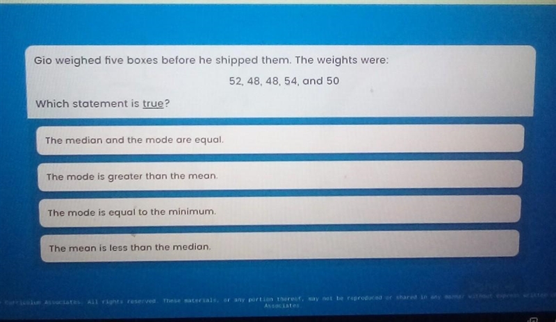 Gio weighed five boxes before he shipped them. The weights were: 52, 48, 48, 54, and-example-1