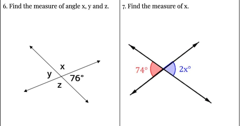 6. Find the measure of angle x, y and z. 7. Find the measure of x.-example-1