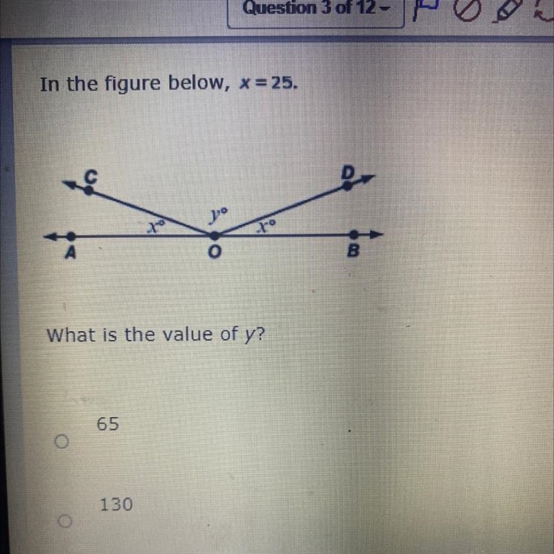 In the figure below, x = 25. What is the value of y? 65 130 140-example-1