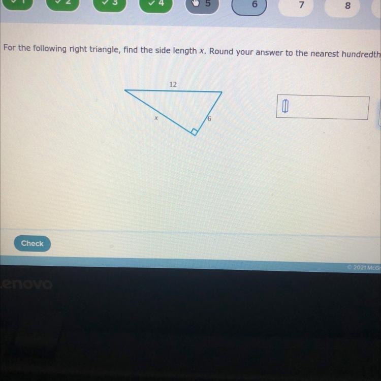 For the following right triangle, find the side length x, Round your answer to the-example-1