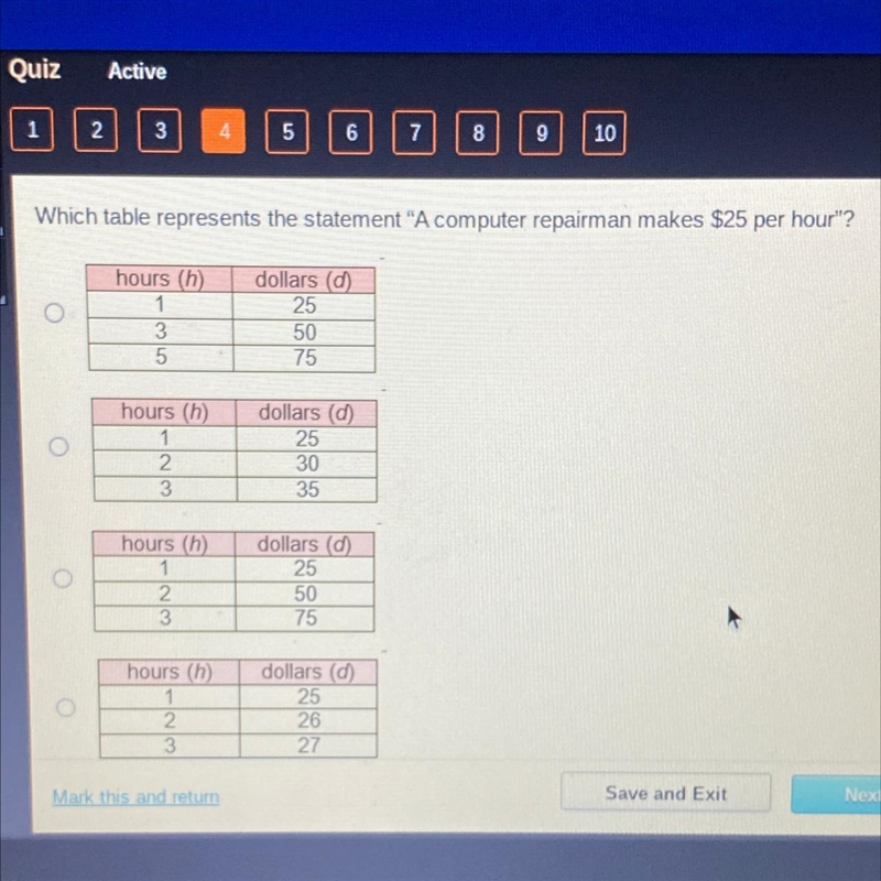 Which table represents the statement "A computer repairman makes $25 per hour-example-1