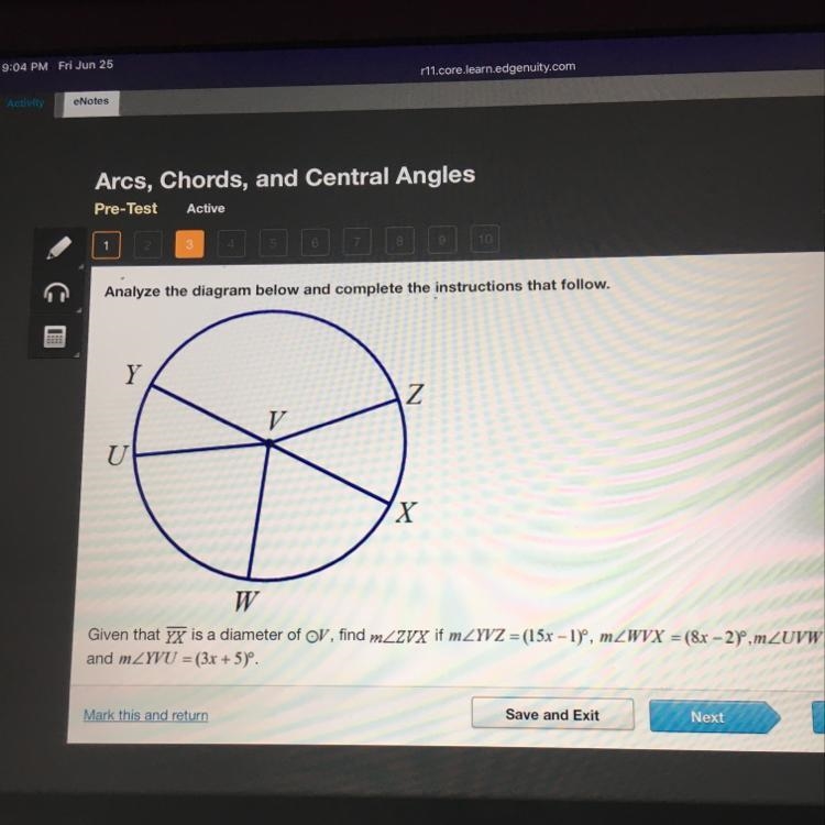 Given that yx is a diameter of V, find mZVX if mYVZ=(15r -1)", mWVX =(8x- 2).mUVW-example-1