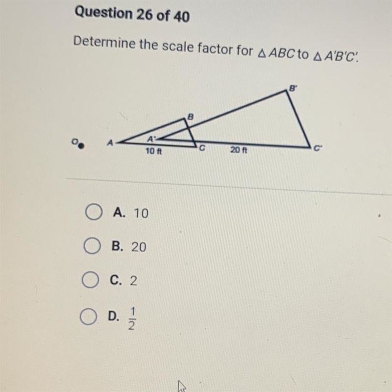 Determine the scale factor for triangle ABC to Triangle A'B'C'.-example-1