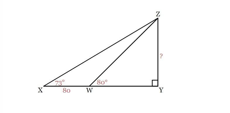 In ΔXYZ, ∠Y=90° and ∠X=73°. ∠ZWY=80° and XW=80. Find the length of ZY to the nearest-example-1