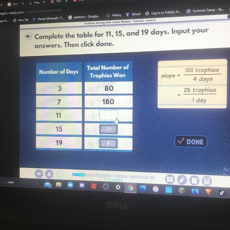 Complete the table for 11, 15, and 19 days. Input you answers. Then click done. Number-example-1