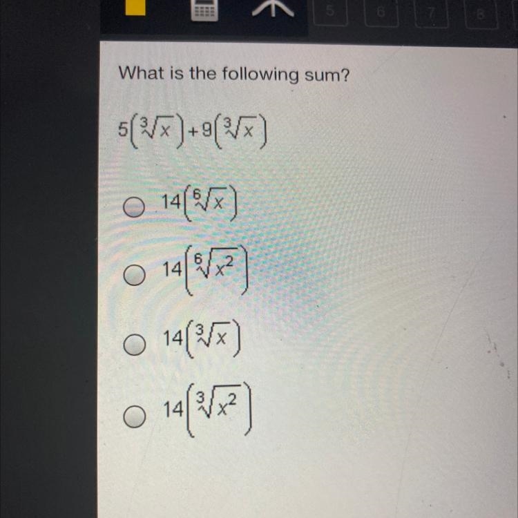 What is the following sum? 5(3squareroot x) +9 (3squareroot x)-example-1