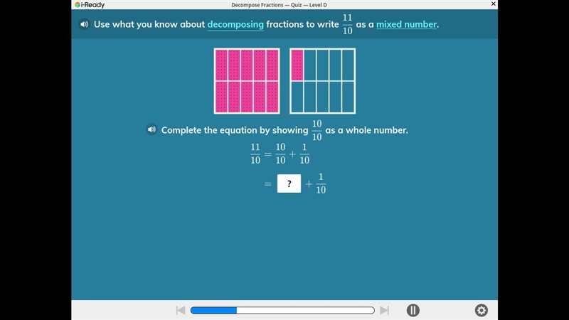 Use what you know about decomposing fractions to write 11/10 as a mixed number-example-1