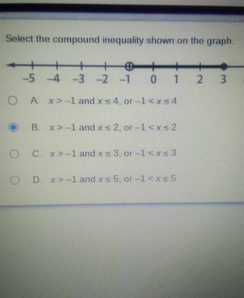 Select the compound inequality shown on the graph. -5 -4 -3 -3 -2 -1 0 1 2 3 4 5 5 o-example-1