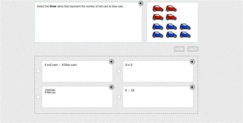 Select the three ratios that represent the number of red cars to blue cars.-example-1