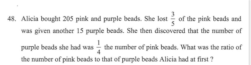 alicia bought 205 pink and purple beads. she lost 3/5 of the pink beads and was given-example-1