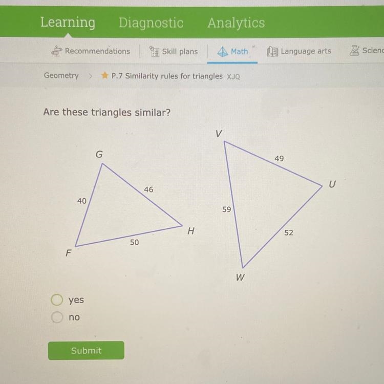 Are these triangles similar?-example-1