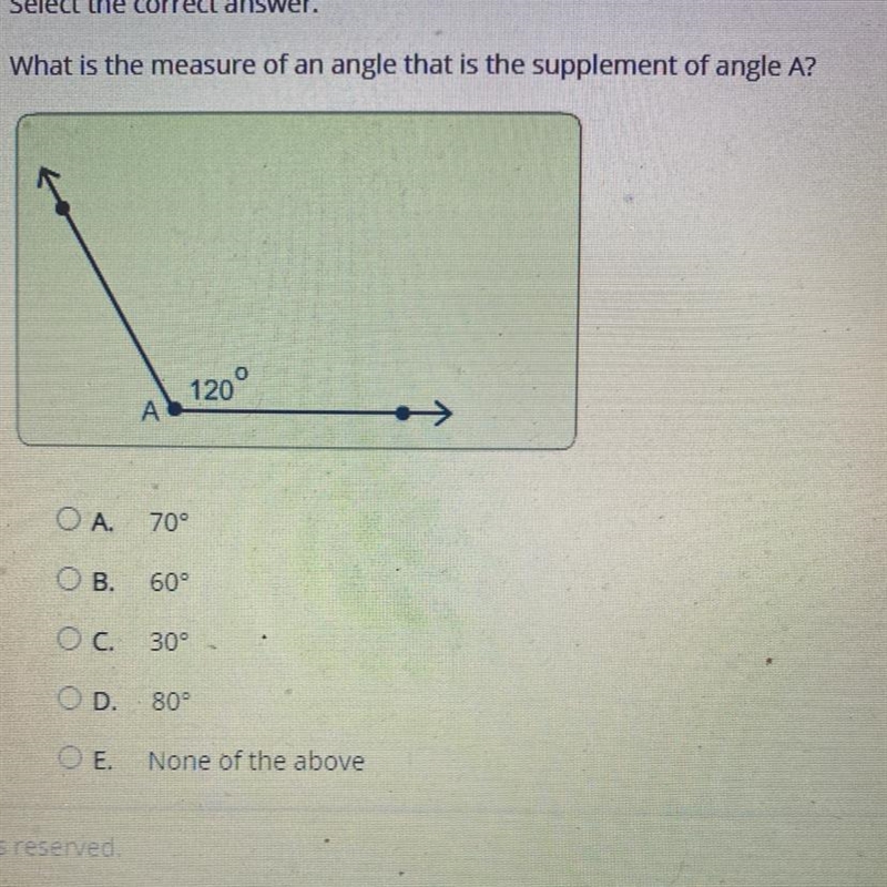 What is the measure of an angle that is the supplement of angle A? 120° ОА 70° OB-example-1