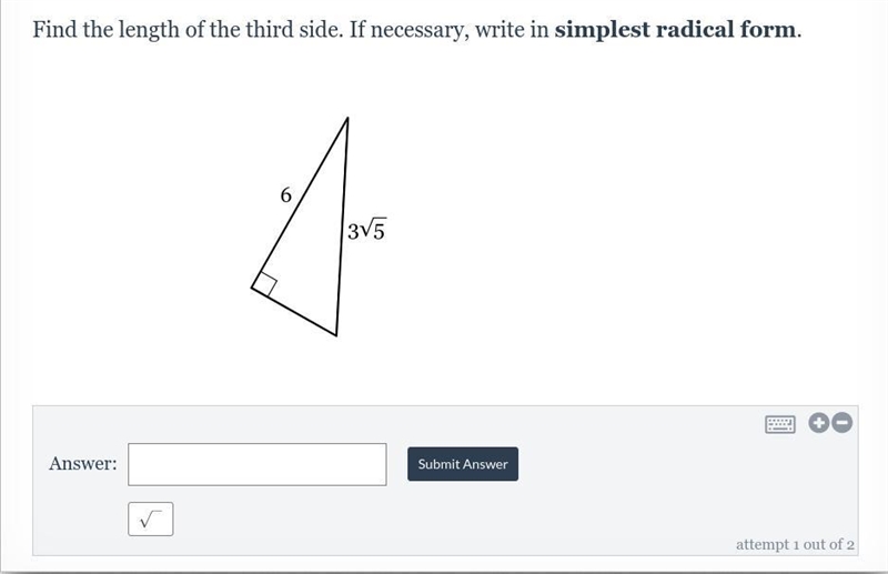 Find the length of the third side. If necessary, write in simplest radical form. 3√5-example-1