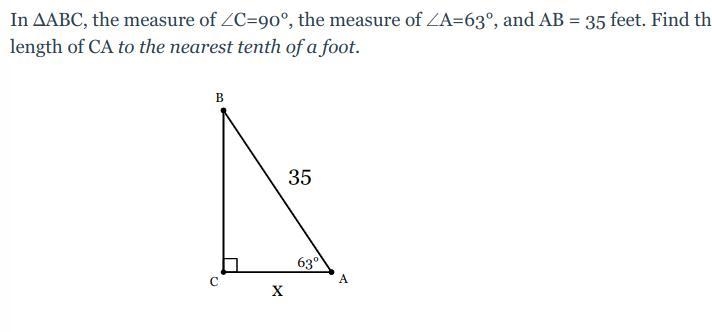 In ΔABC, the measure of ∠C=90°, the measure of ∠A=63°, and AB = 35 feet. Find the-example-1