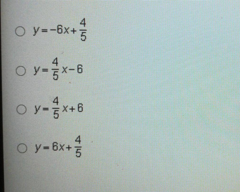 Which equation represents a linear function that has a slope of 4/5 and a y-intercept-example-1