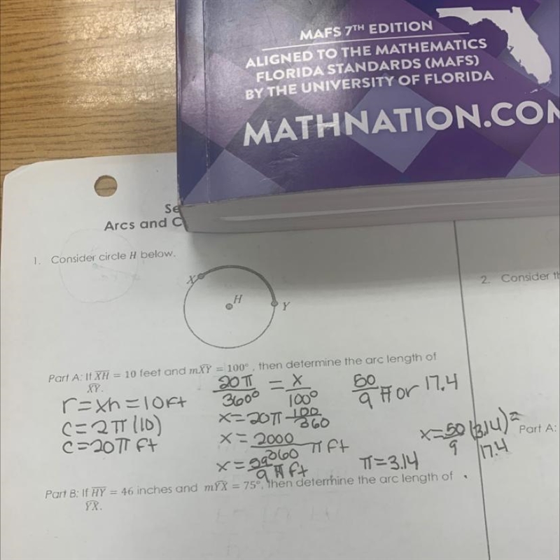 75°, then determine the arc length of Part B: If HY = 46 inches and mYX YX-example-1