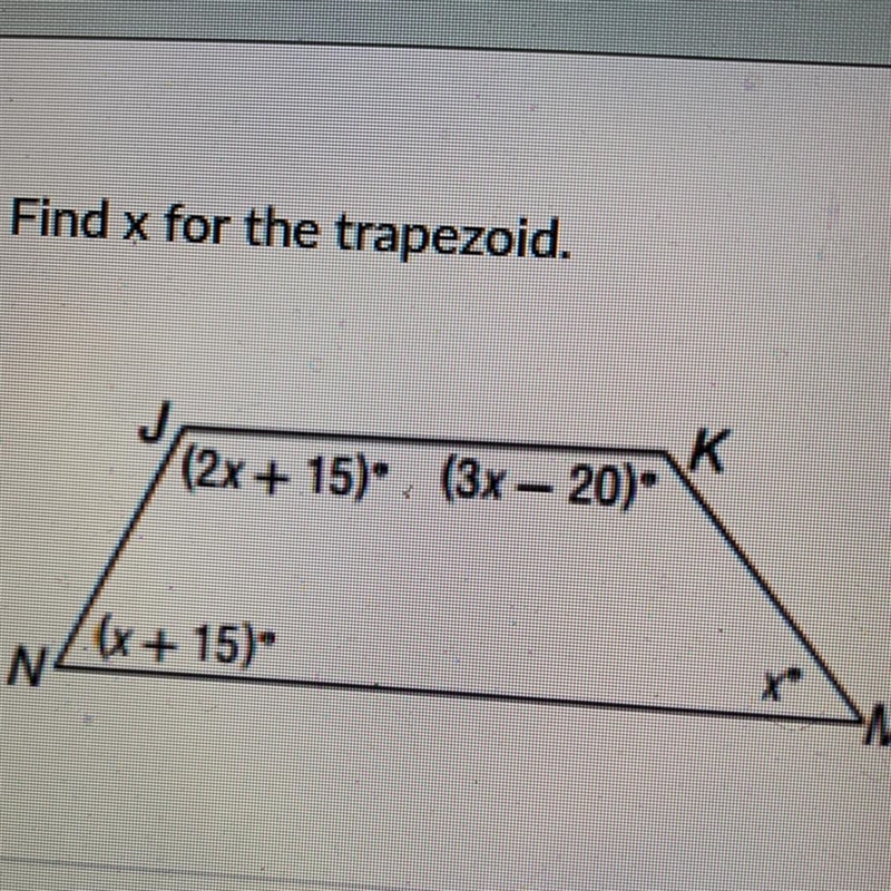 Find x for the trapezoid. J K (2x+15).. (3x-20). (x +15). N4 M.-example-1