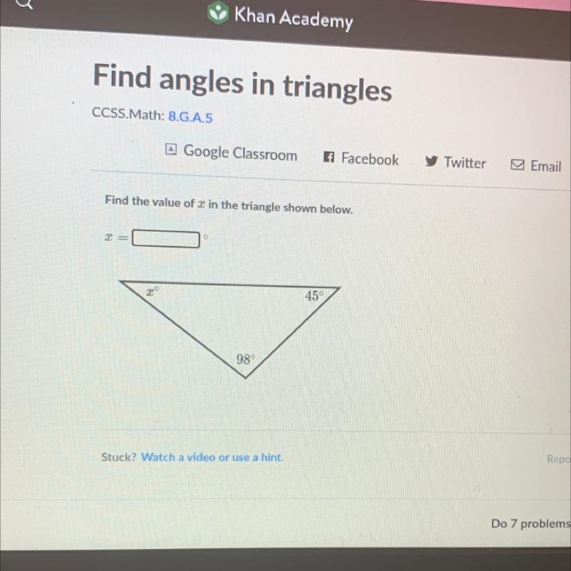 Find the value of x in the triangle shown below. = 2 45° 98-example-1