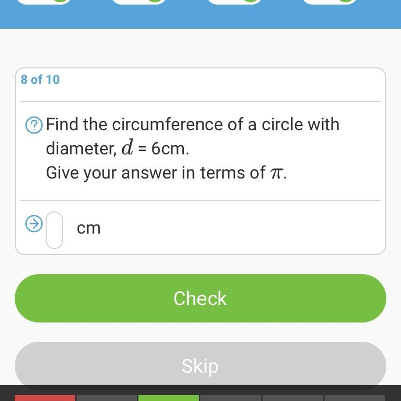 Find the circumference of a circle with diameter, d = 6cm. Give your answer in terms-example-1