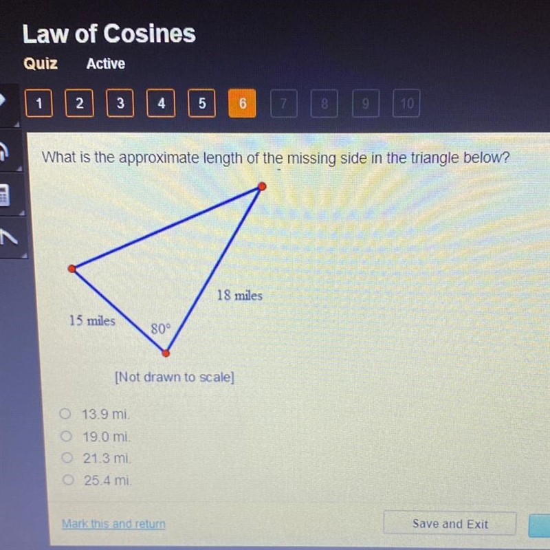 What is the approximate length of the missing side in the triangle below? 13.9 mi-example-1