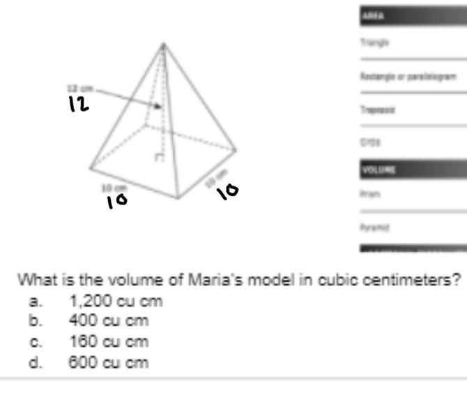 What is the volume of Maria's model in cubic centimeters? a. 1,200 cu cm b. 400 cu-example-1