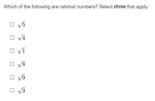 Which of the following are rational numbers? Select three that apply.-example-1