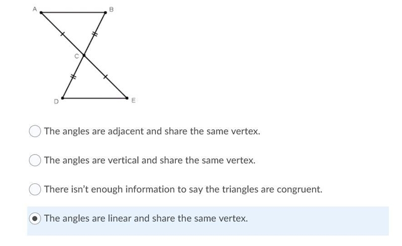 The following triangles are congruent by SAS. How did we know that-example-1